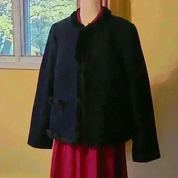 Talbots Navy Blue Wool Knit Blend Black Faux-Fur Trim Shetland Jacket Si… - Picture 3 of 16